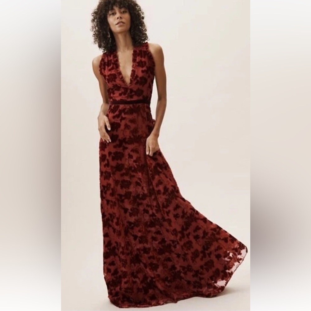 Anthropologie BHLDN Yara Velvet Burnout Dress Monique Lhuillier Wine Size 2 $400